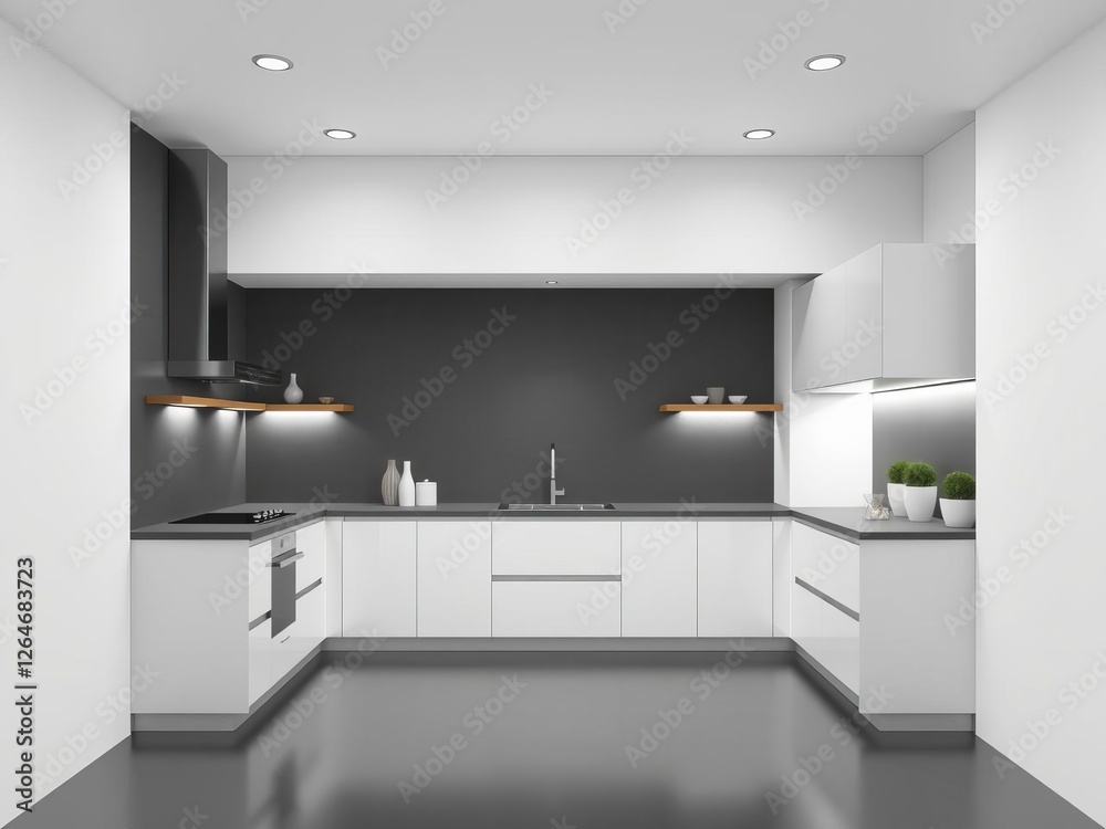 Abstract 3D rendering of modern kitchen with sleek design and minimalist decor, decor, kitchen Abstract 3D rendering of modern kitchen with sleek design and minimalist decor, decor, kitchen