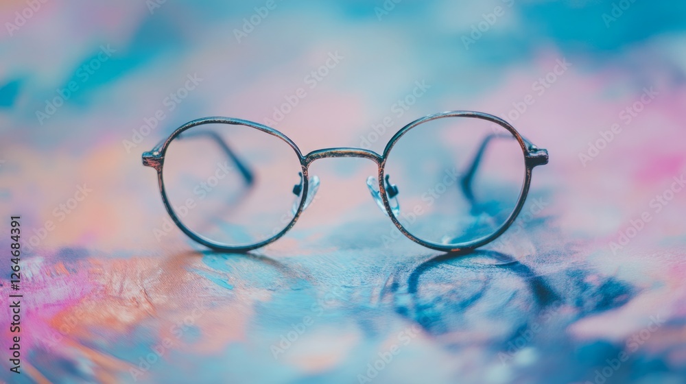 Round eyeglasses rest on a colorful surface. Round eyeglasses rest on a colorful surface.