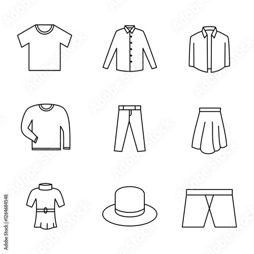 A set of stylish and minimalist clothing line art icons, perfect for fashion-related projects, e-commerce, branding, UI/UX design, and graphic design needs. This collection includes essential apparel 