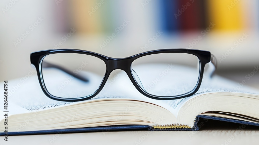 Black-framed eyeglasses rest on an open book, suggesting a moment of reading or study. Black-framed eyeglasses rest on an open book, suggesting a moment of reading or study.