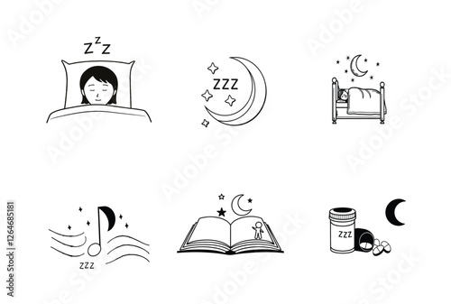 Minimalist line icon set representing various sleep-related concepts.