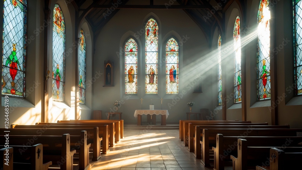 Fototapeta premium A serene church interior bathed in soft light