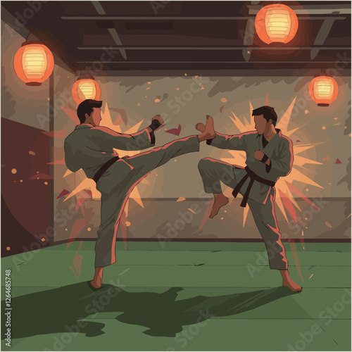 Two Martial Artists Kickboxing with Power in a Dojo Setting