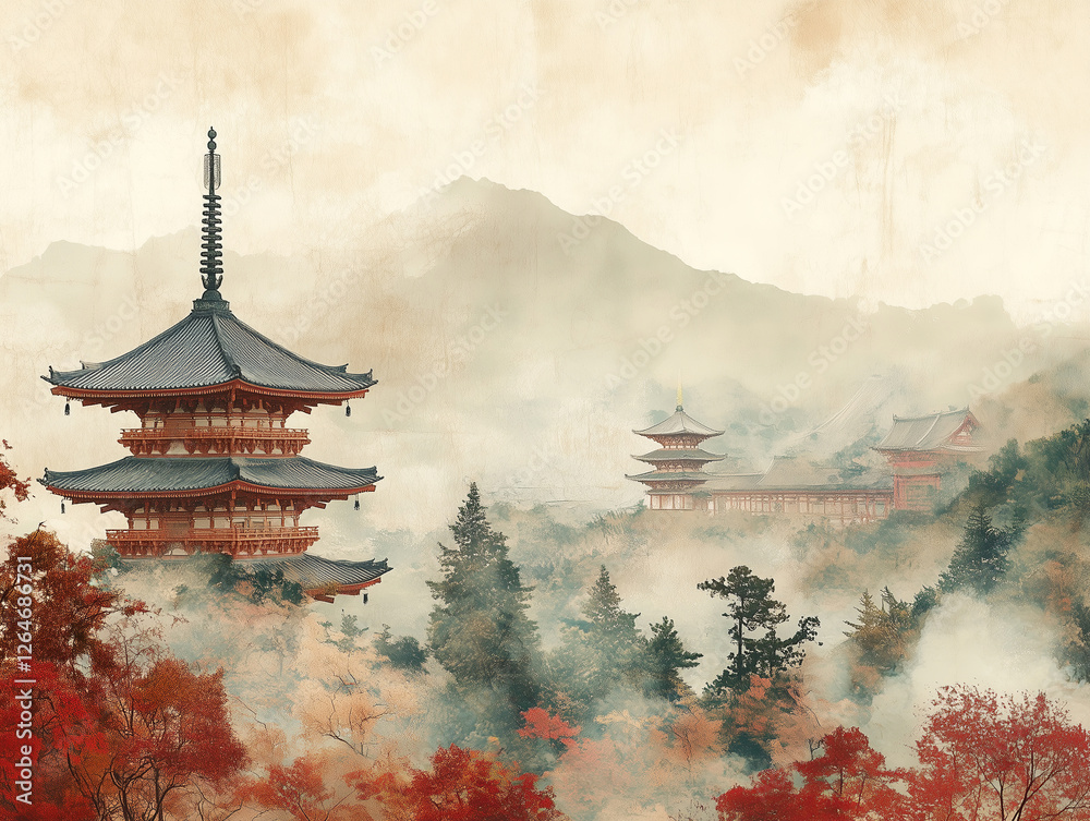Fototapeta premium Interesting drawing. Traditional Japanese landscape, with lots of Japanese symbols. On the old, vintage background. Generative Ai