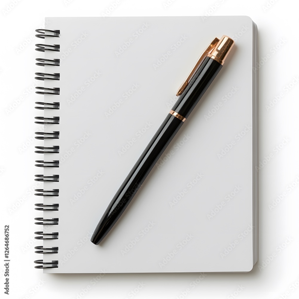 Blank spiral notebook, pen, white background, planning, office supplies Blank spiral notebook, pen, white background, planning, office supplies