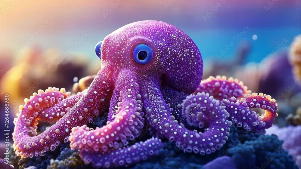 A colorful octopus with large eyes and textured skin, resting on a coral reef in a vibrant underwater setting. A colorful octopus with large eyes and textured skin, resting on a coral reef in a vibrant underwater setting.
