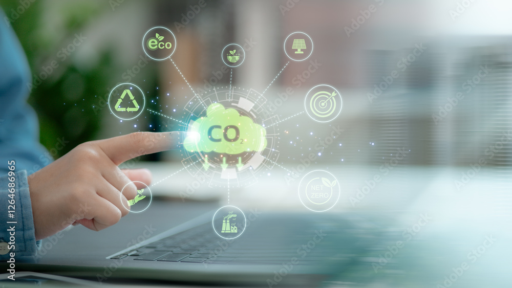 Fototapeta premium Innovation green business concept. A man report results to reduce CO2 emissions carbon footprint climate change and Net zero to limit global warming. Sustainable development