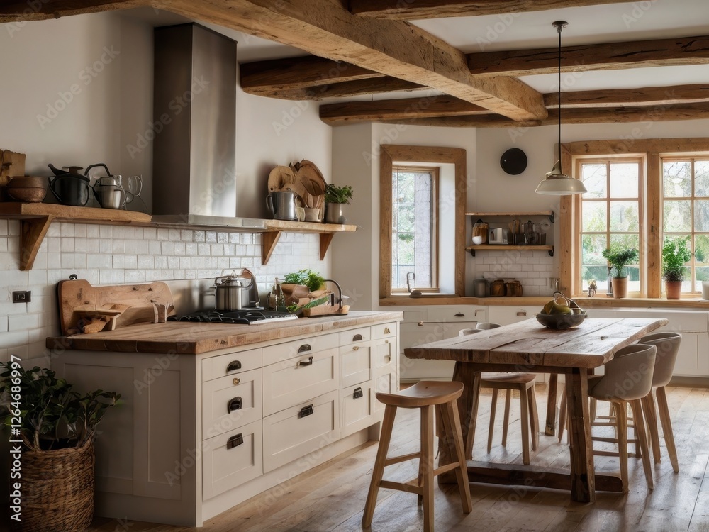 Fototapeta premium A bright farmhouse style kitchen features rustic beams and wooden accents