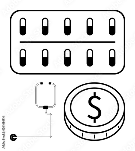 Pills in blister pack, stethoscope, and dollar coin highlight themes of healthcare affordability, treatment cost, medical aid, pharmaceutical pricing. Ideal for finance, health, medicine insurance