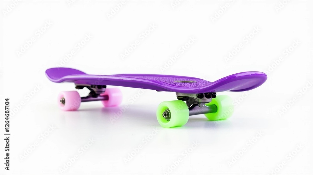 Bright Purple Skateboard with Neon Green Wheels on White Background Bright Purple Skateboard with Neon Green Wheels on White Background