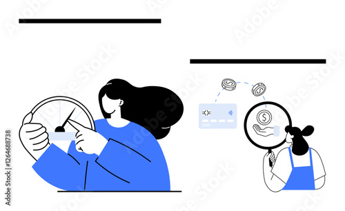 Woman interacts with a dashboard gauge, pointing at data. Another figure examines a card and currency through a magnifying glass. Ideal for finance, budgeting, analysis, data review, monitoring