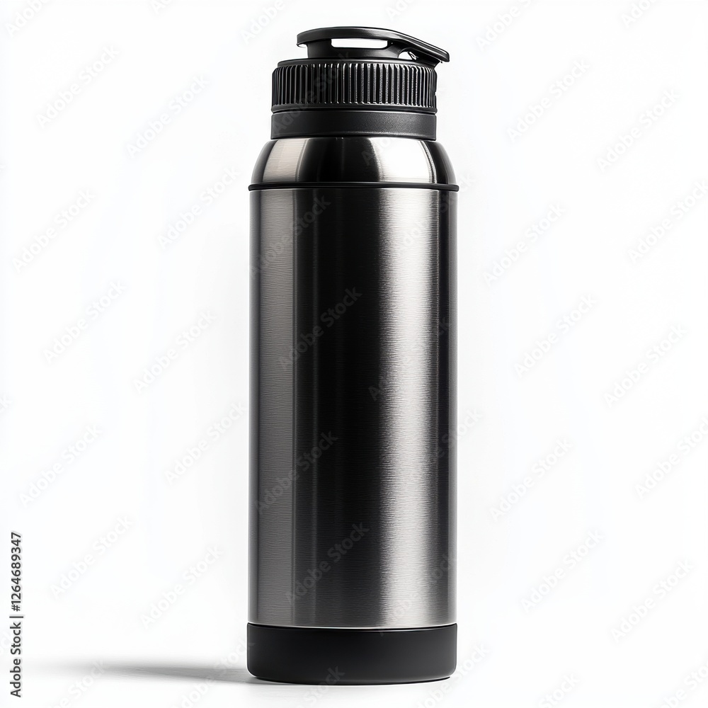 A tall, sleek, and durable stainless steel water bottle with a convenient black sport cap on a bright white background for outdoor enthusiasts. A tall, sleek, and durable stainless steel water bottle with a convenient black sport cap on a bright white background for outdoor enthusiasts.