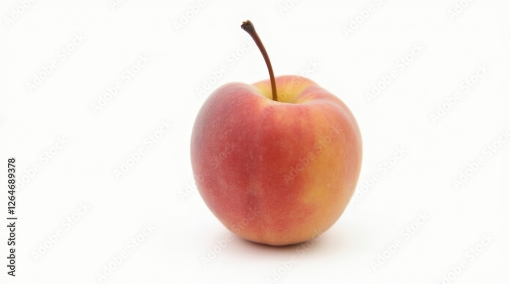 Single Ripe Peach with Stem on White Background Single Ripe Peach with Stem on White Background