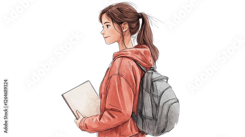 Girl wearing a red hoodie and carrying a backpack