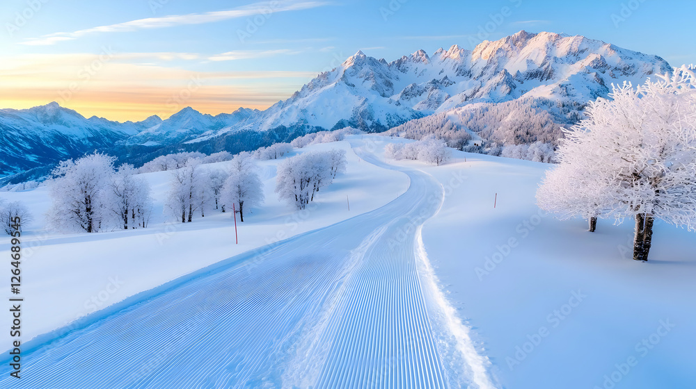Snowy mountain ski slope sunrise landscape Snowy mountain ski slope sunrise landscape