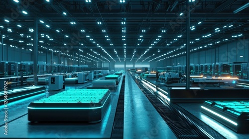 Futuristic Factory , Automated Production Line with Teal Lighting