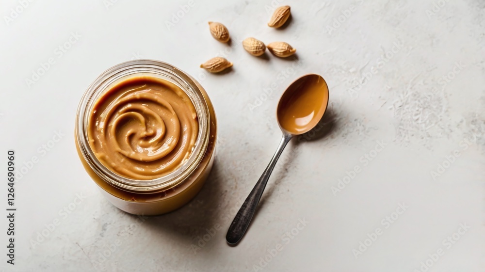 Fototapeta premium Peanut butter in glass jar and spoon isolated on white background, top view, copy space. American dessert concept