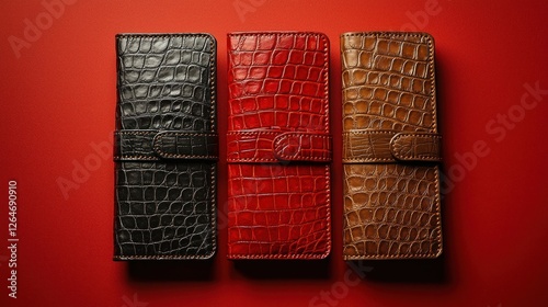 Three stylish leather wallets in black, red, and brown on a vibrant red background photo