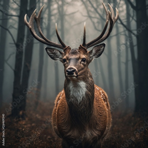 A deer standing with exaggerated fantasy-sized antlers on a smooth background.