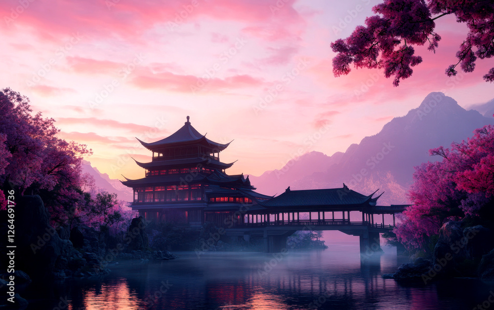 Fototapeta premium Stunning silhouette of a traditional pagoda at sunset.