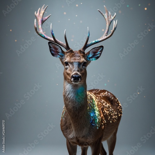 A deer standing with a holographic shimmer against a blank background.
