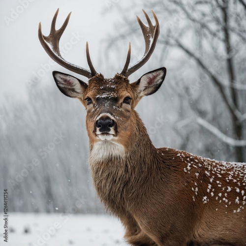 A deer standing as if posing for a regal portrait on a white background.
