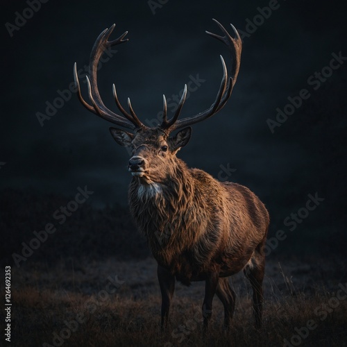 A majestic stag standing with its head high on a completely dark surface.