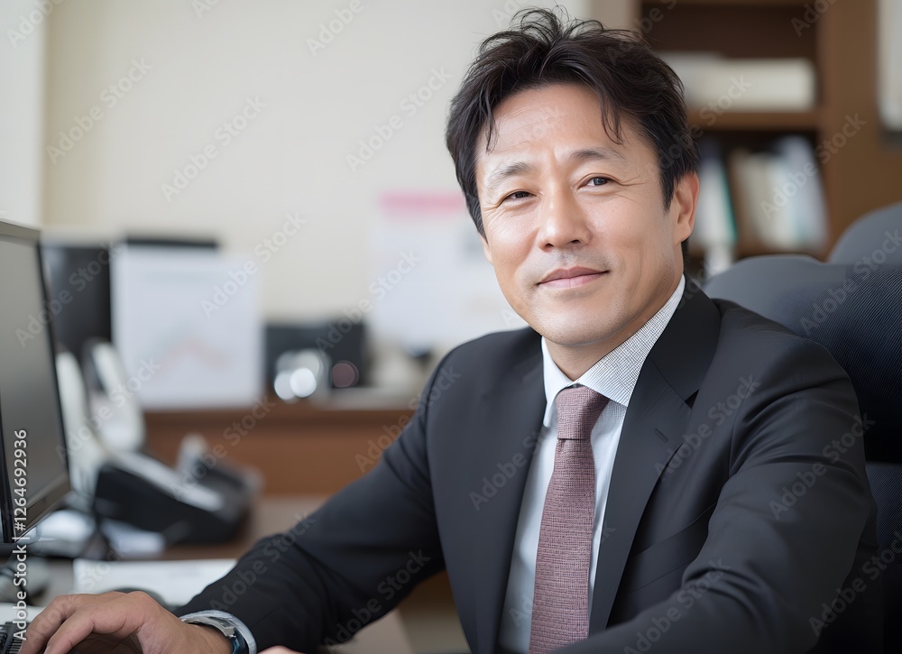 Confident businessman smiling at office desk, computer, bookshelves Confident businessman smiling at office desk, computer, bookshelves