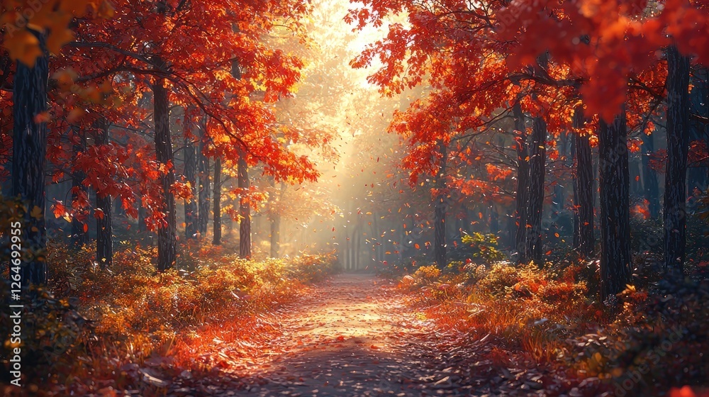 Serene autumn forest pathway illuminated by sunlight with vibrant foliage