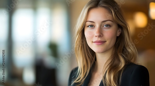Portrait of a young, attractive businesswoman with blonde hair and a confident expression.