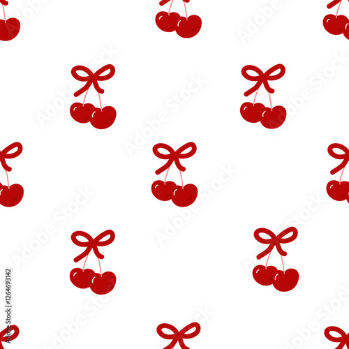 Seamless pattern of coquette bows with simple cherry berries. Background with festive decorative elements for wedding, birthday, valentine day. Vintage hand drawn vecor illustration