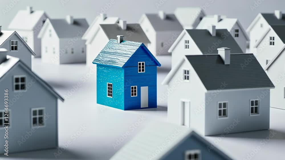 Vibrant Blue House Stands Out Amongst Minimalist White Model Homes Symbolizing Individuality and Distinction in Real Estate Concept Vibrant Blue House Stands Out Amongst Minimalist White Model Homes Symbolizing Individuality and Distinction in Real Estate Concept