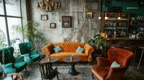 A vintage-style cafe with mismatched furniture, cozy nooks, and quirky decor elements.