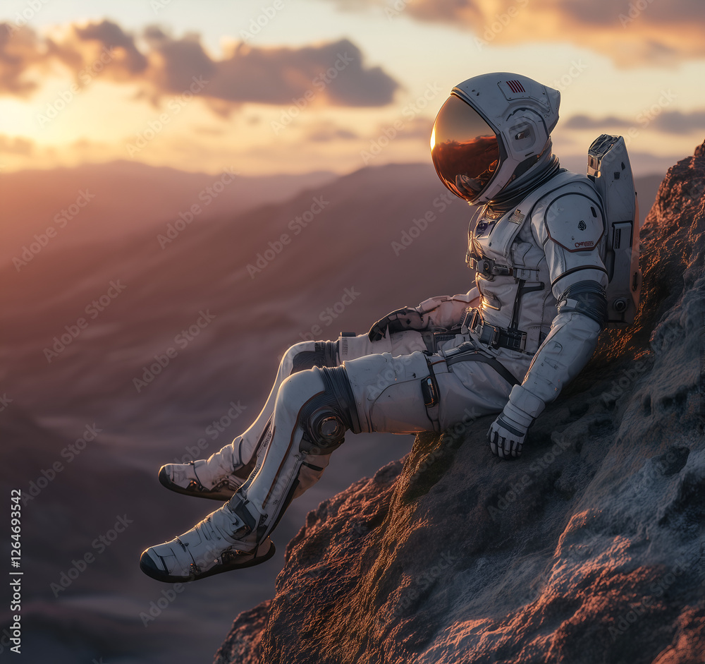 an astronaut sitting on the edge of a cliff, overlooking an alien landscape at sunset. an astronaut sitting on the edge of a cliff, overlooking an alien landscape at sunset.