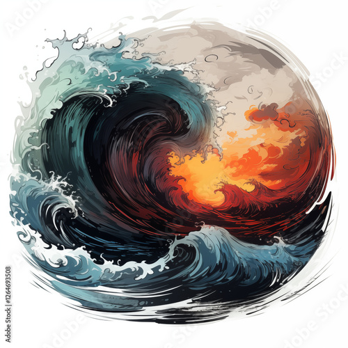The hurricane, storm, high wave, ninth wave, side view, badge, simple color sketch isolated on a white background, picture, image for printing on a T-shirt, background, without people