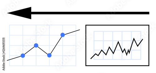 Blue dot-line graph beside spiked line graph with black arrow indicating progress and positive change. Ideal for data analysis, business growth, forecasting, performance tracking, finance