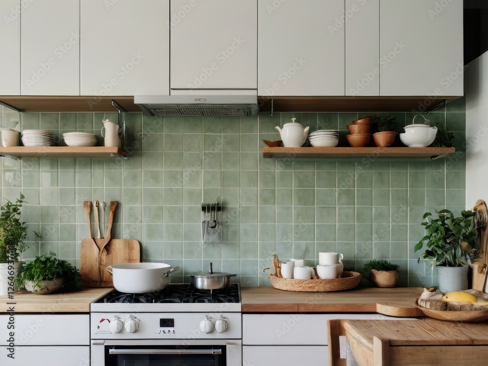 Bright and airy kitchen with light green tile backsplash Bright and airy kitchen with light green tile backsplash