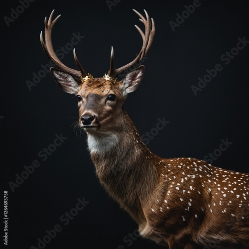 A deer standing with a golden crown, isolated on a seamless dark backdrop.