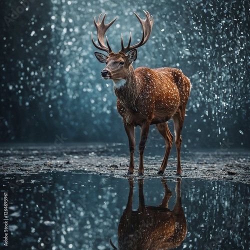 A deer with shattered glass textures standing on a reflective pure background.