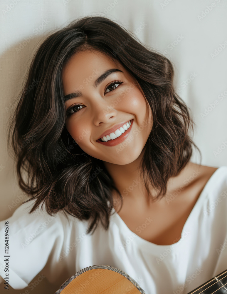 smiling woman with wavy brown hair plays an acoustic guitar, radiating a relaxed and joyful mood. She wears a simple white shirt, creating a casual, warm atmosphere. smiling woman with wavy brown hair plays an acoustic guitar, radiating a relaxed and joyful mood. She wears a simple white shirt, creating a casual, warm atmosphere.