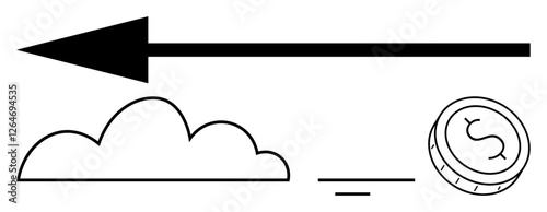 Large black arrow points left above a simple cloud and coin with dollar sign, suggesting financial progress and movement. Ideal for finance, economy, growth, direction, investment, savings, business