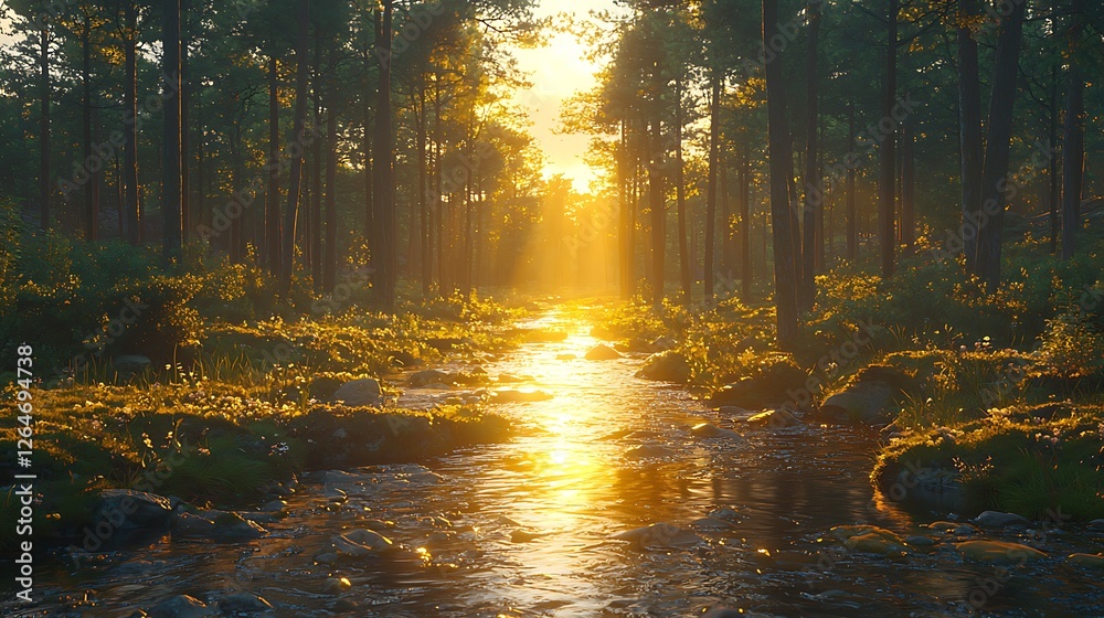 Obraz premium Golden Hour Forest Stream: Sunlight streams through a dense pine forest, illuminating a tranquil stream winding its way through the mossy undergrowth.