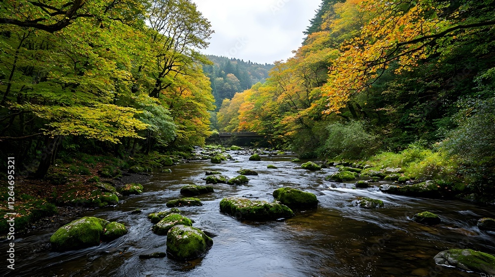 Autumn River Scene with Colorful Foliage and Mossy Rocks Autumn River Scene with Colorful Foliage and Mossy Rocks