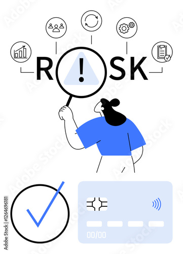 Magnifying glass over RISK, user engaging symbols card validation, charts, and tools. Ideal for finance, security, analysis, decision-making, banking compliance management abstract line flat