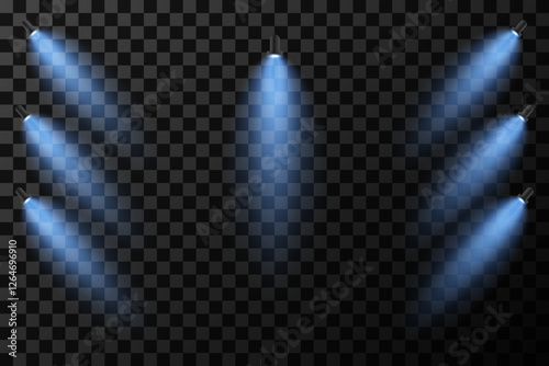 Stage lighting collection. Glowing spotlights and podium lights.