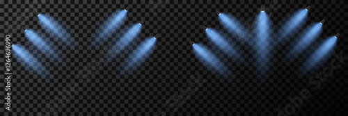 Collection of light spotlights and stage and podium lighting. On a transparent background.