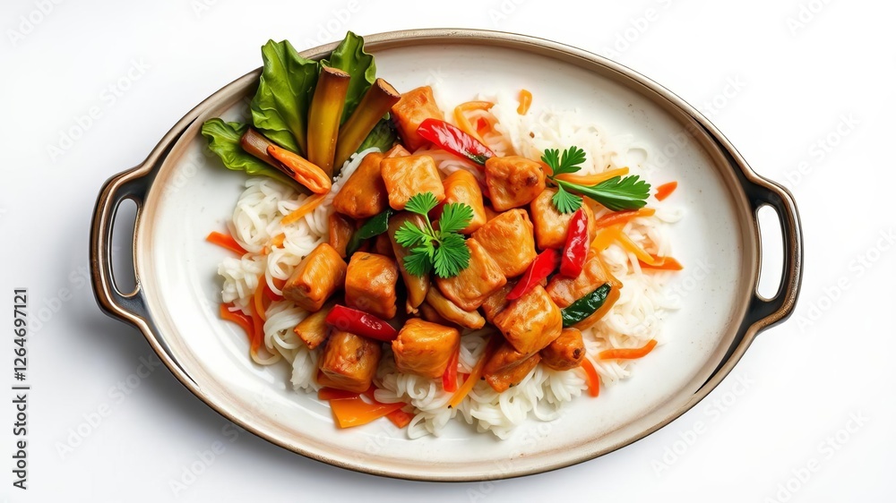 Overhead view of an authentic Chinese food platter on a crisp white background in high definition 8k resolution, dish, meal, cuisine Overhead view of an authentic Chinese food platter on a crisp white background in high definition 8k resolution, dish, meal, cuisine