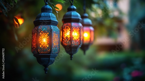 Enchanted Evening: Illuminated Moroccan Lanterns Hanging from Tree Branches
