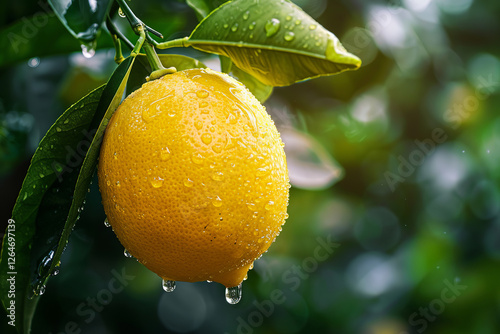 A lemon is hanging from a tree with raindrops on it, freshness, juiciness, and the exoticism of tropical fruits concept, for blogs about food, healthy eating, and refreshing drinks.