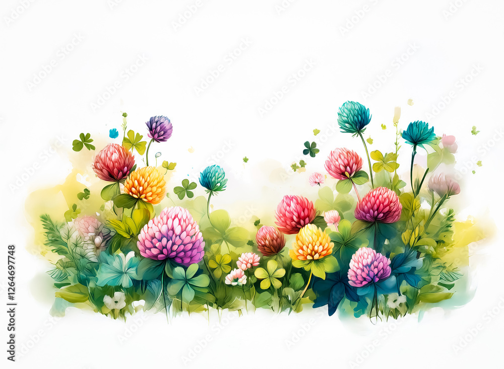 Obraz premium A watercolor floral illustration features a vibrant array of colorful clover flowers and verdant leaves against a clean white backdrop, evoking a fresh and cheerful botanical scene.